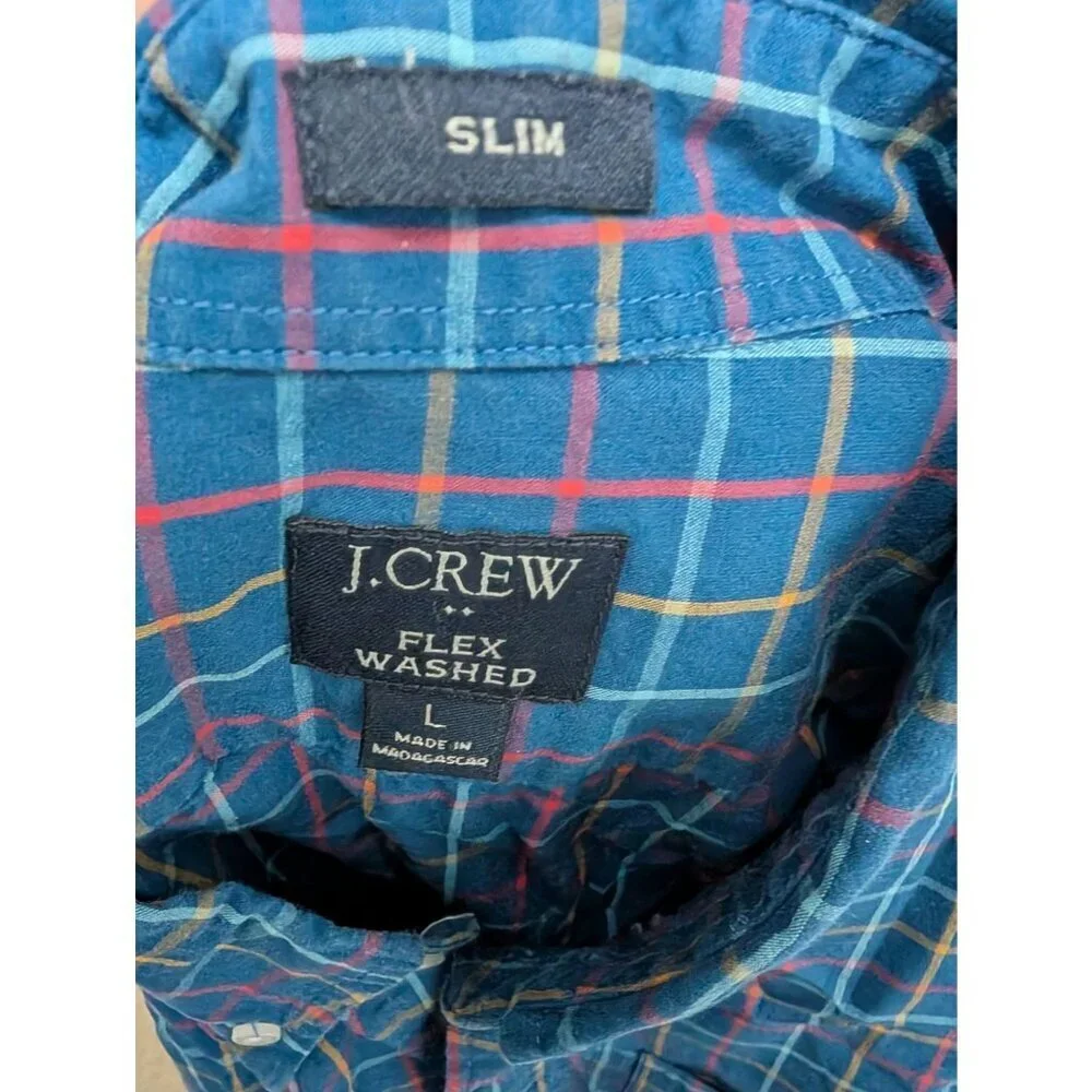 J Crew Flex Washed Slim Fit Blue Multicolor Plaid Check Button Shirt Mens Size L